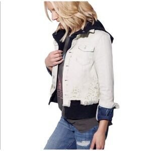 Free People‎ Hoodie Jacket Women XS White Distressed Double Weave Denim
